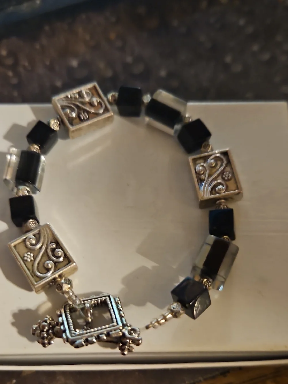 Silvertone Glass Black Beaded Toggle Clasp Bracelet
